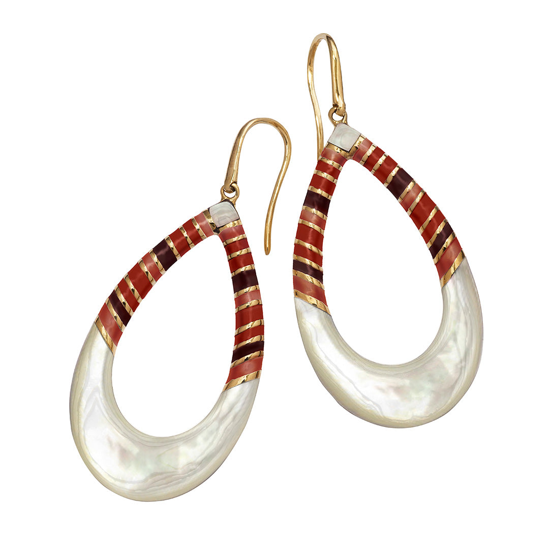 Stripe Enamel and Mother of Pearl Gemstone Teardrop 18K Gold Vermeil Sterling Silver Earrings in red on gold I Jan Leslie Cufflinks and Accessories.