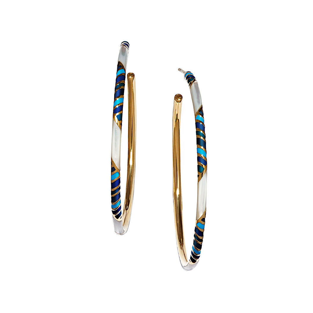 Stripe Enamel & Gemstone Sterling Silver 55mm Hoop Earrings in blue on gold I Jan Leslie Cufflinks and Accessories.