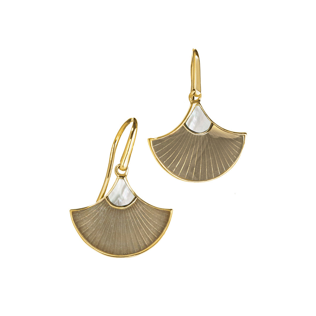 Fan Gemstone and Enamel Dangle Sterling Silver Earrings in mother of pearl on champagne on gold I Jan Leslie Cufflinks and Accessories.