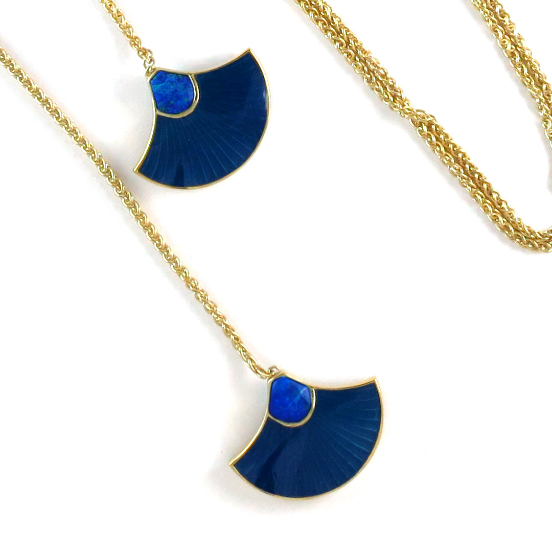 Fan Gemstone & Enamel Vermeil Sterling Silver Bolo Pendant Necklace in lapis and blue on gold.
