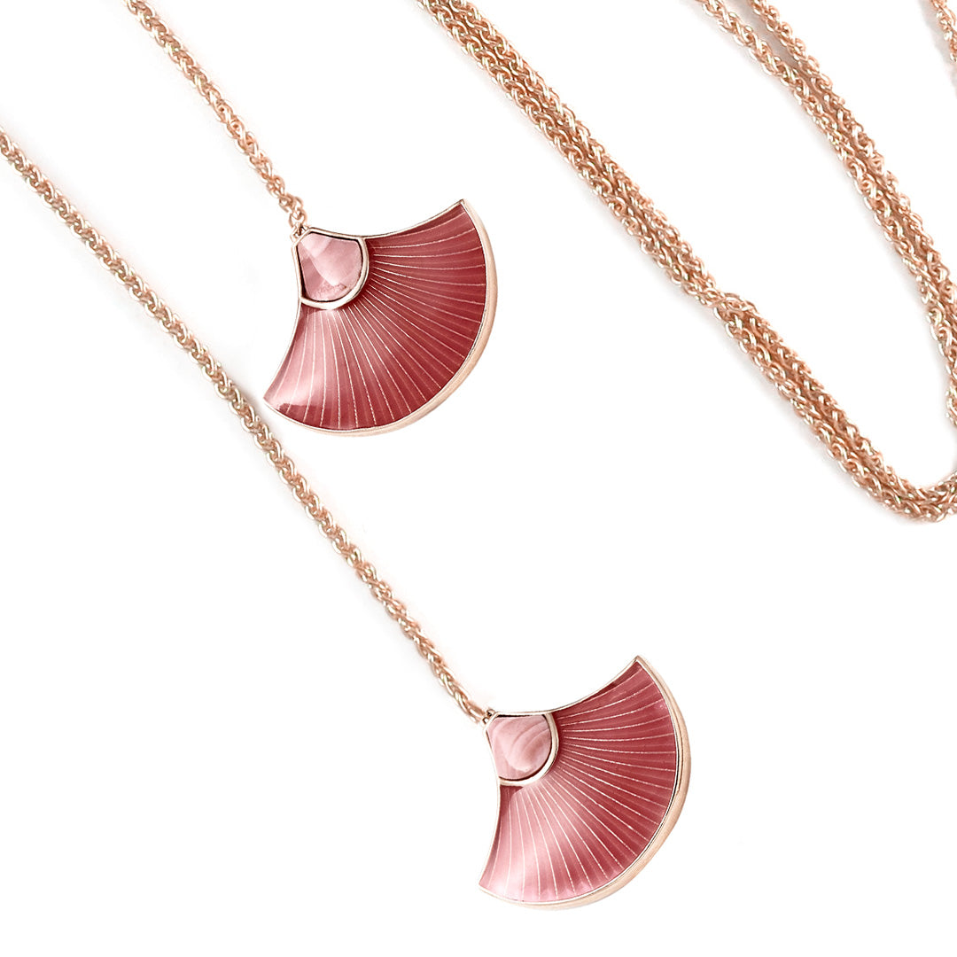 Fan Gemstone & Enamel Vermeil Sterling Silver Bolo Pendant Necklace in pink opal and palm beach pink on gold I Jan Leslie