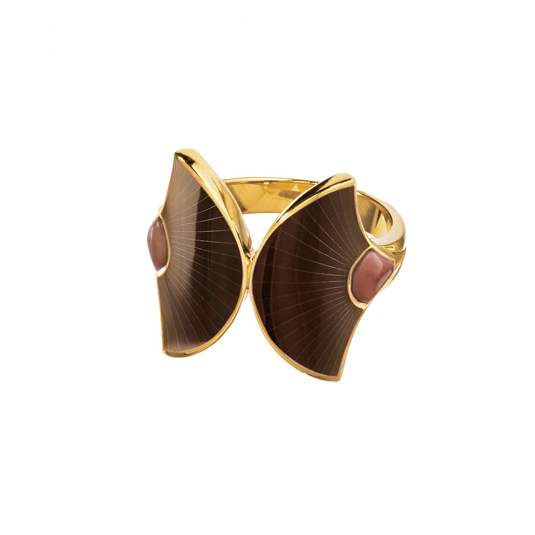 Fan Gemstone & Enamel Sterling Silver Double Ring in brown mother of pearl with espresso on gold I Jan Leslie Cufflinks and Accessories.