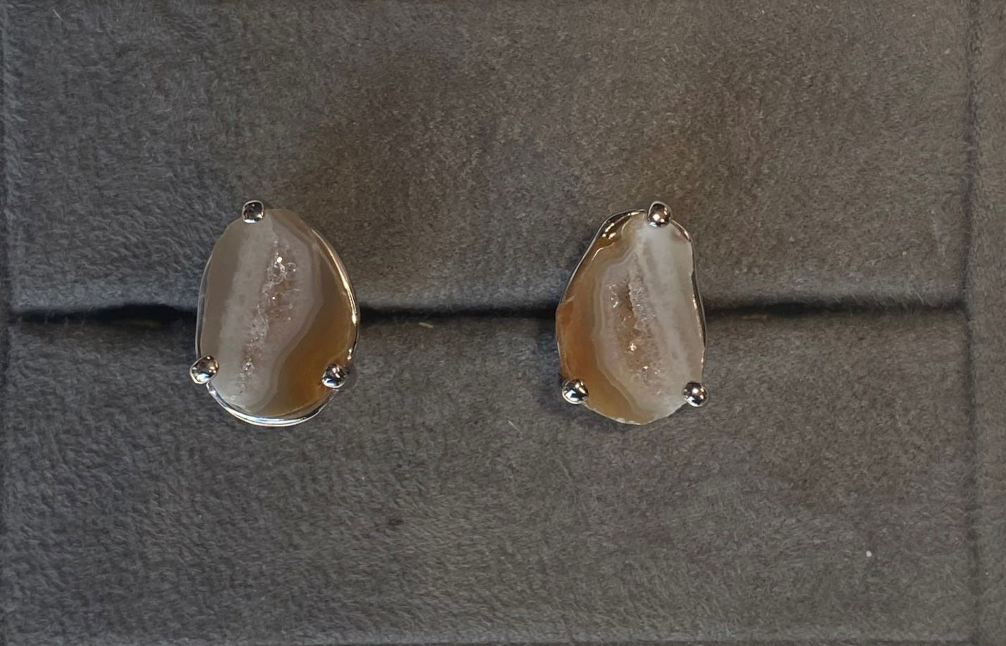 Geode Druzy Crystallized Gemstone Sterling Silver Cufflinks in cufflink box.