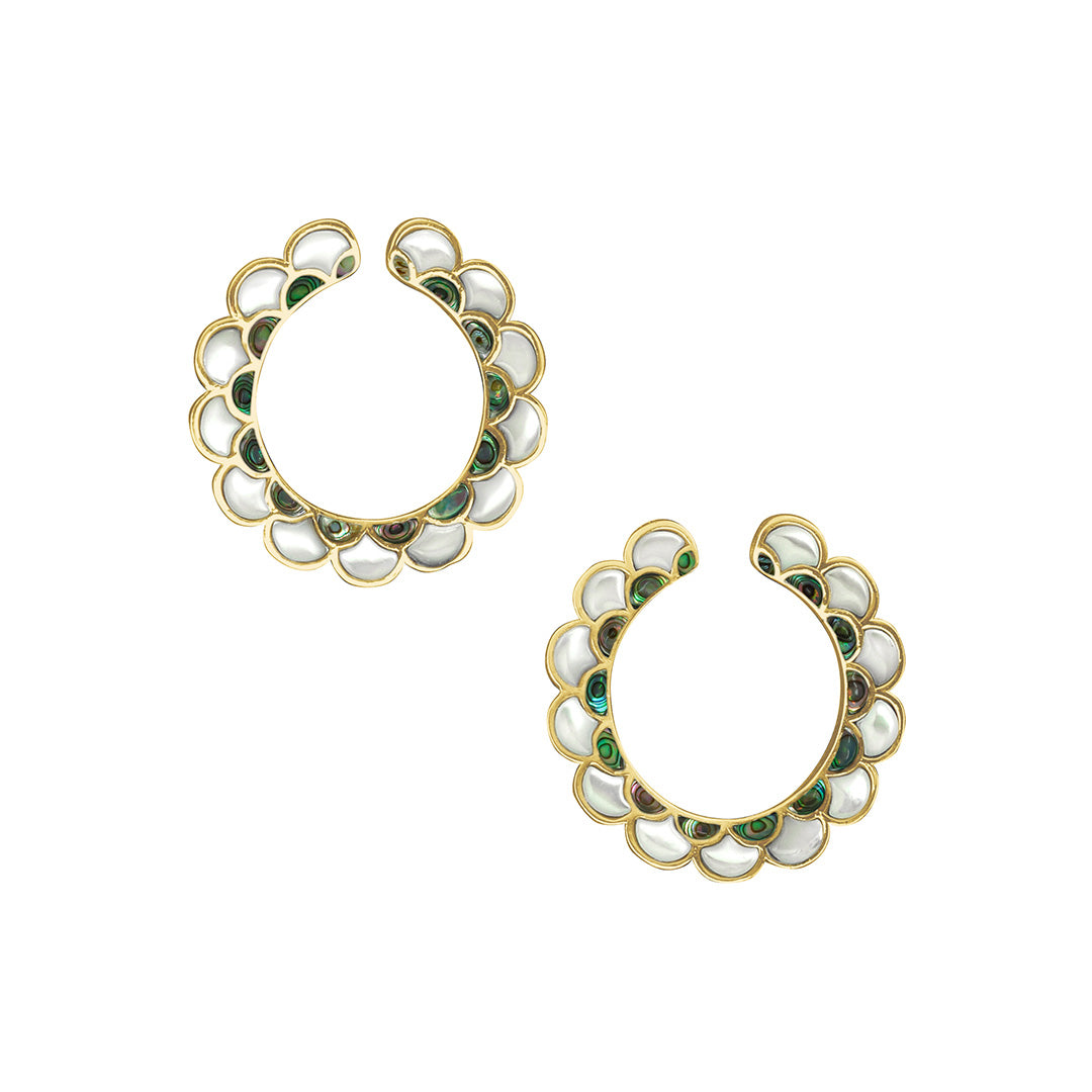 Koi Cascade Mother of Pearl Hoop Sterling Silver Earrings in white mother of pearl with abalone on gold I Jan Leslie Cufflinks and Accessories.