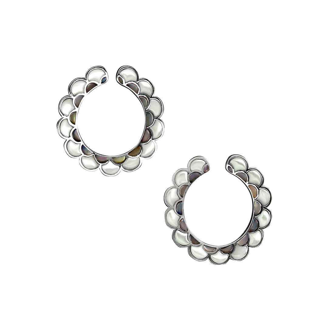 Koi Cascade Mother of Pearl Hoop Sterling Silver Earrings in white mother of pearl with brown mother of pearl on silver.