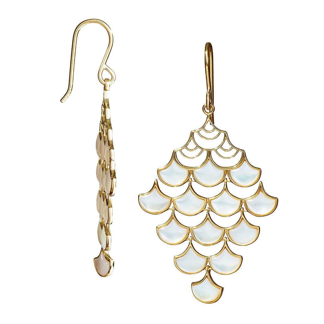 Front and side view of Jan Leslie's Koi Cascade Moving Mother of Pearl Show Stopper in gold with white mother of pearl.