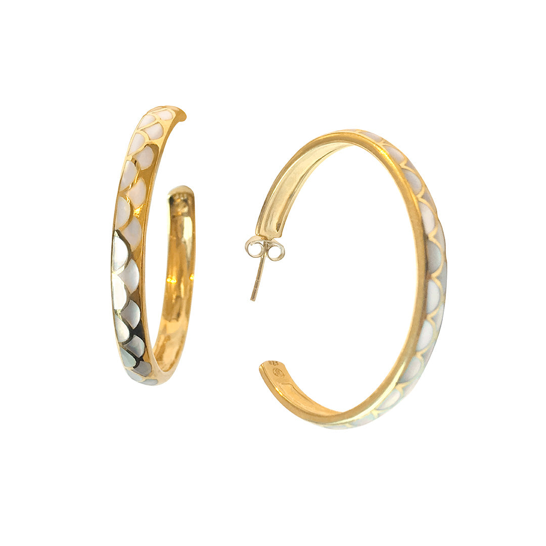 Koi Cascade Gemstone Sterling Silver Hoop Earrings in white mother of pearl on gold I Jan Leslie Cufflinks and Accessories.