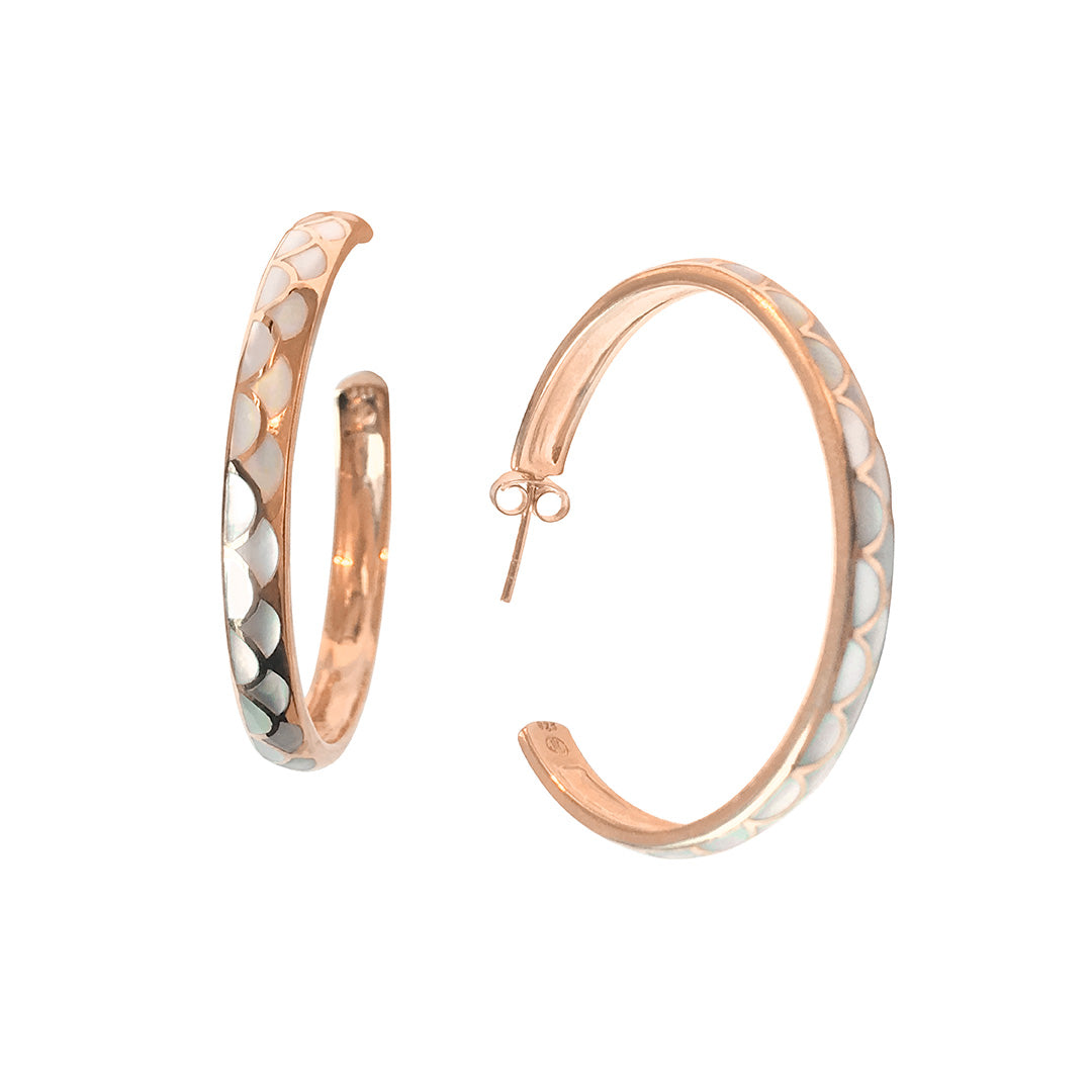 Koi Cascade Gemstone Sterling Silver Hoop Earrings in white mother of pearl on rose gold I Jan Leslie Cufflinks and Accessories.