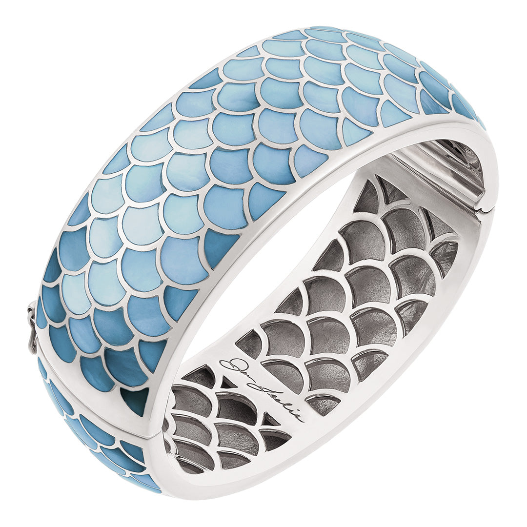 Koi Cascade Mother of Pearl Wide Sterling Silver Bangle Bracelet in blue mother of pearl on sterling silver I Jan Leslie Cufflinks and Accessories.