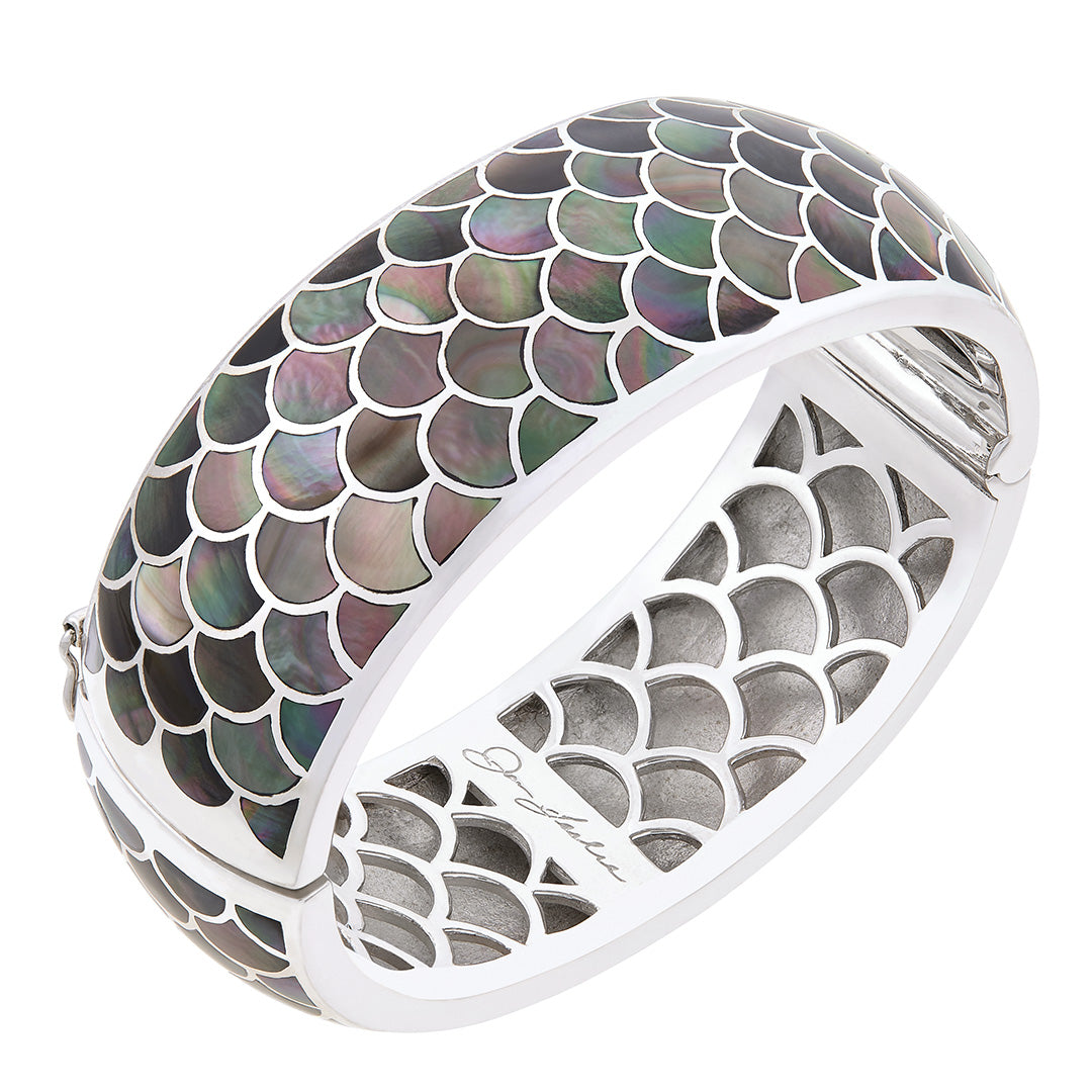 Koi Cascade Mother of Pearl Wide Sterling Silver Bangle Bracelet in grey mother of pearl on sterling silver I Jan Leslie Cufflinks and Accessories.
