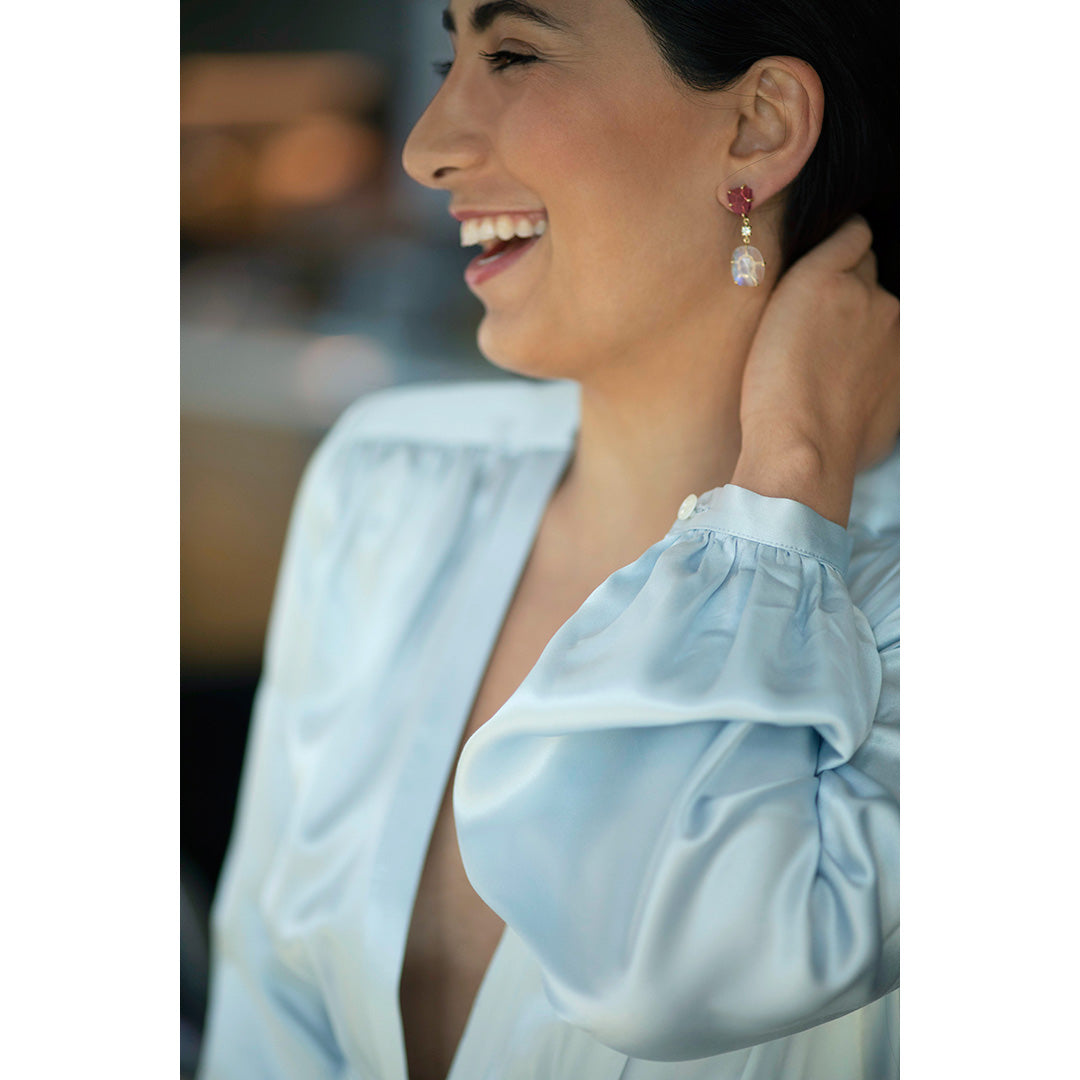 18K One of a Kind 2-Tier Gemstone Earrings: Pink Tourmaline Slice, Faceted Rainbow Moonstone & Diamond