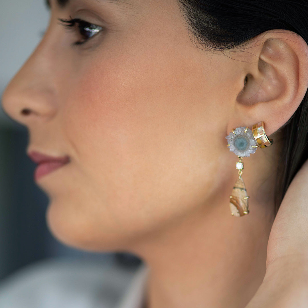 18K One of a Kind 2-Tier Gemstone Earrings: Stalactite, Diamond, and Picture Jasper