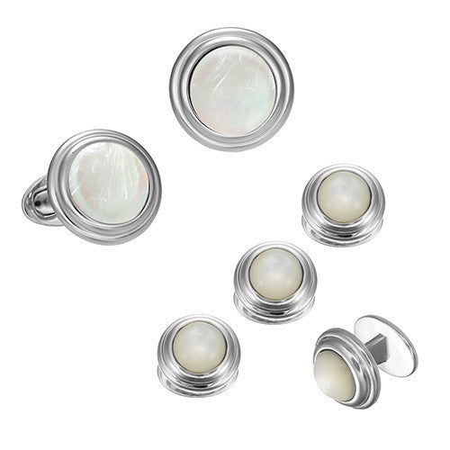Gemstone Cabochon with Thick Border Sterling Silver Cufflinks & Tuxedo Studs with mother of pearl inlay I Jan Leslie Cufflinks and Accessories.