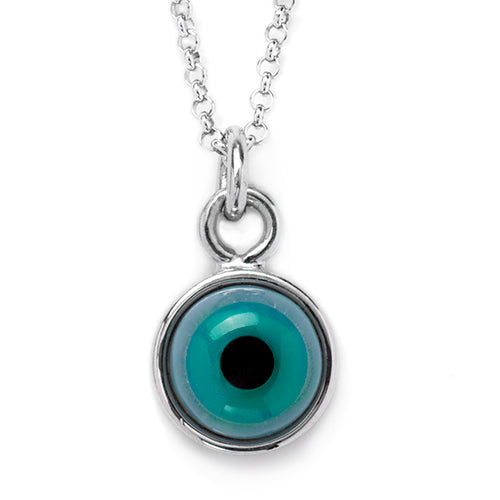 Close up of Evil Eye Gemstone Cabochon Sterling Silver Pendant in Turquoise I Jan Leslie