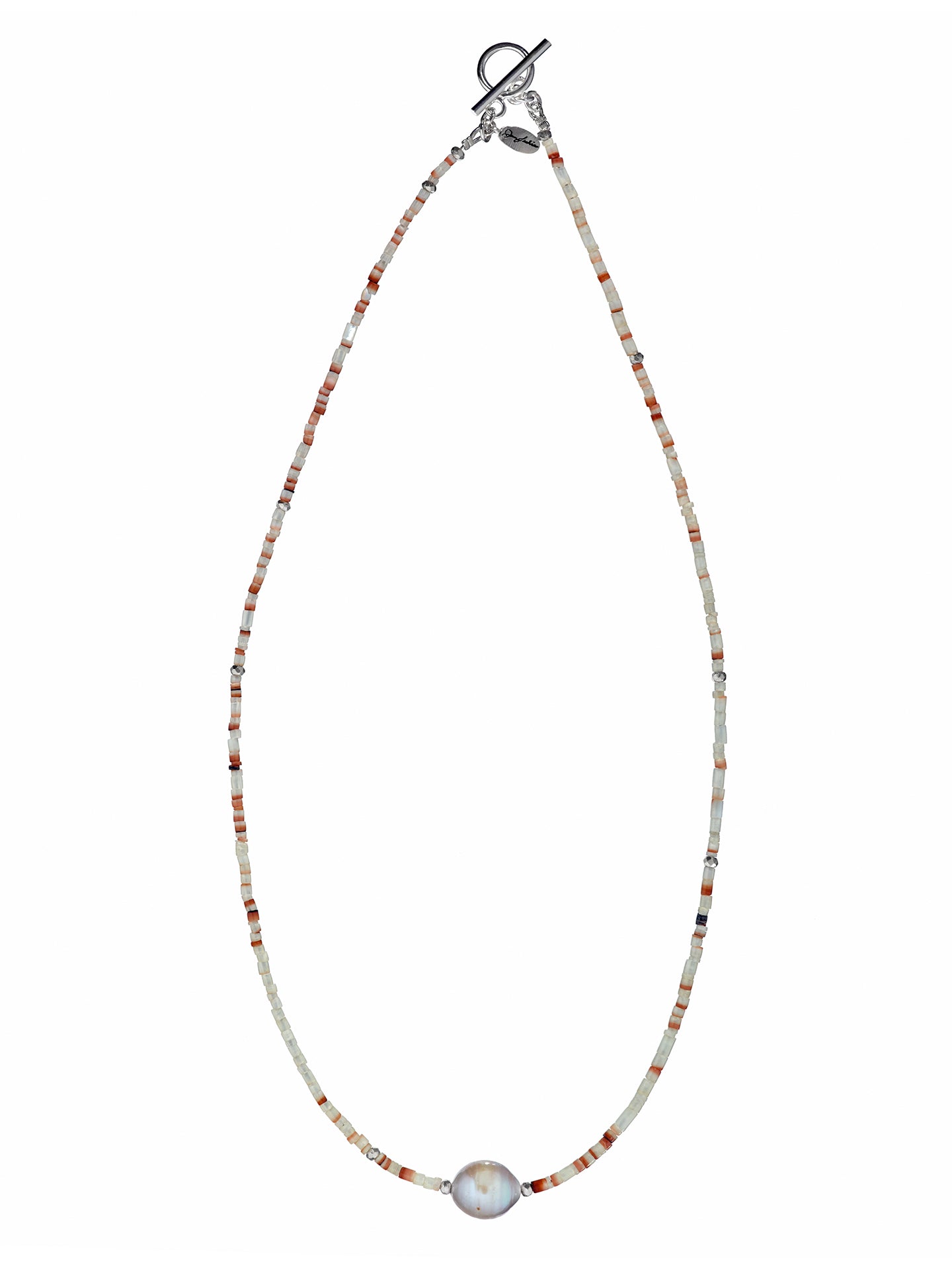 Full view of the Freshwater Pearl Center White Shell Beaded Necklace with Sterling Silver Accents.