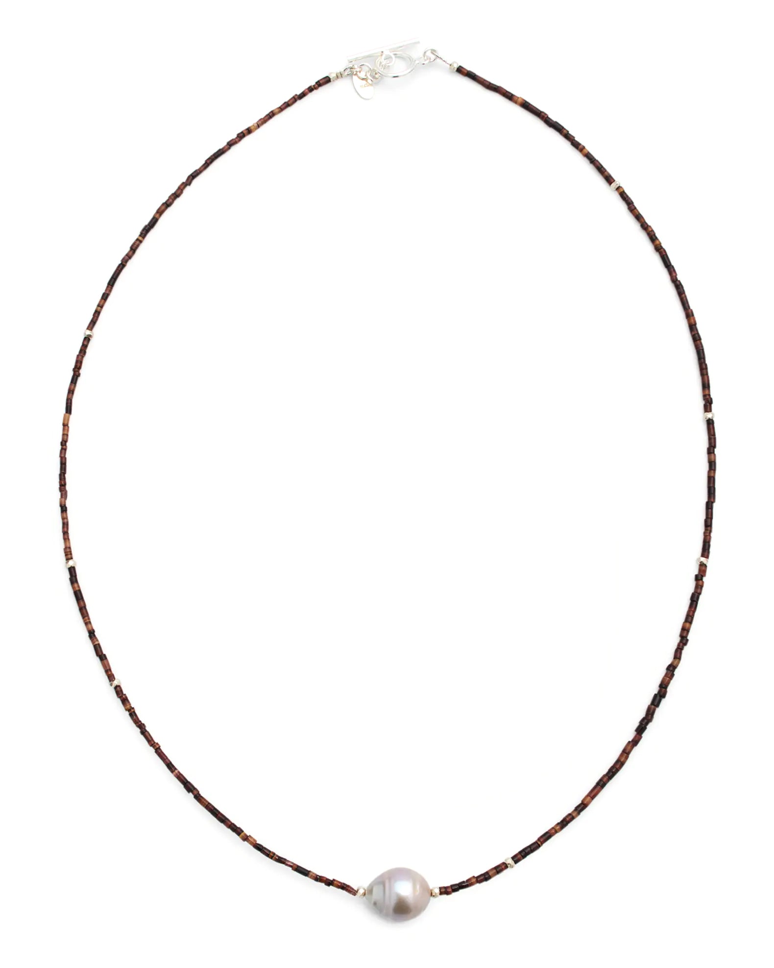 Full picture of the Freshwater Pearl Center Chocolate Shell Beaded Necklace with Sterling Silver Accents.