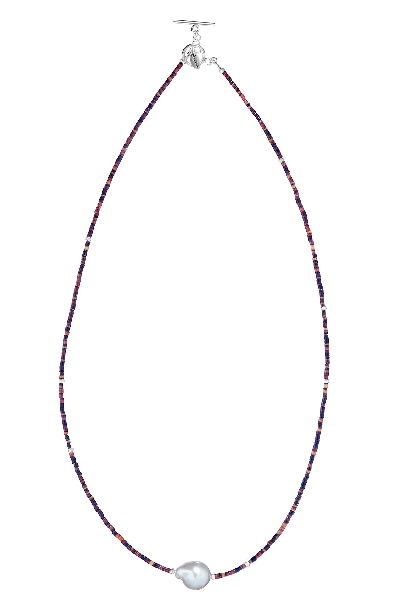 Full view of the Freshwater Pearl Center Chocolate Shell Beaded Necklace with Sterling Silver Accents.