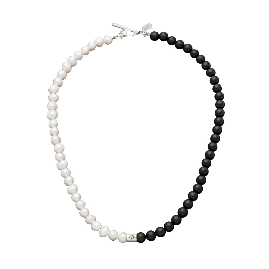 Freshwater Pearl Black Agate Bead Necklace with Diamond Accent