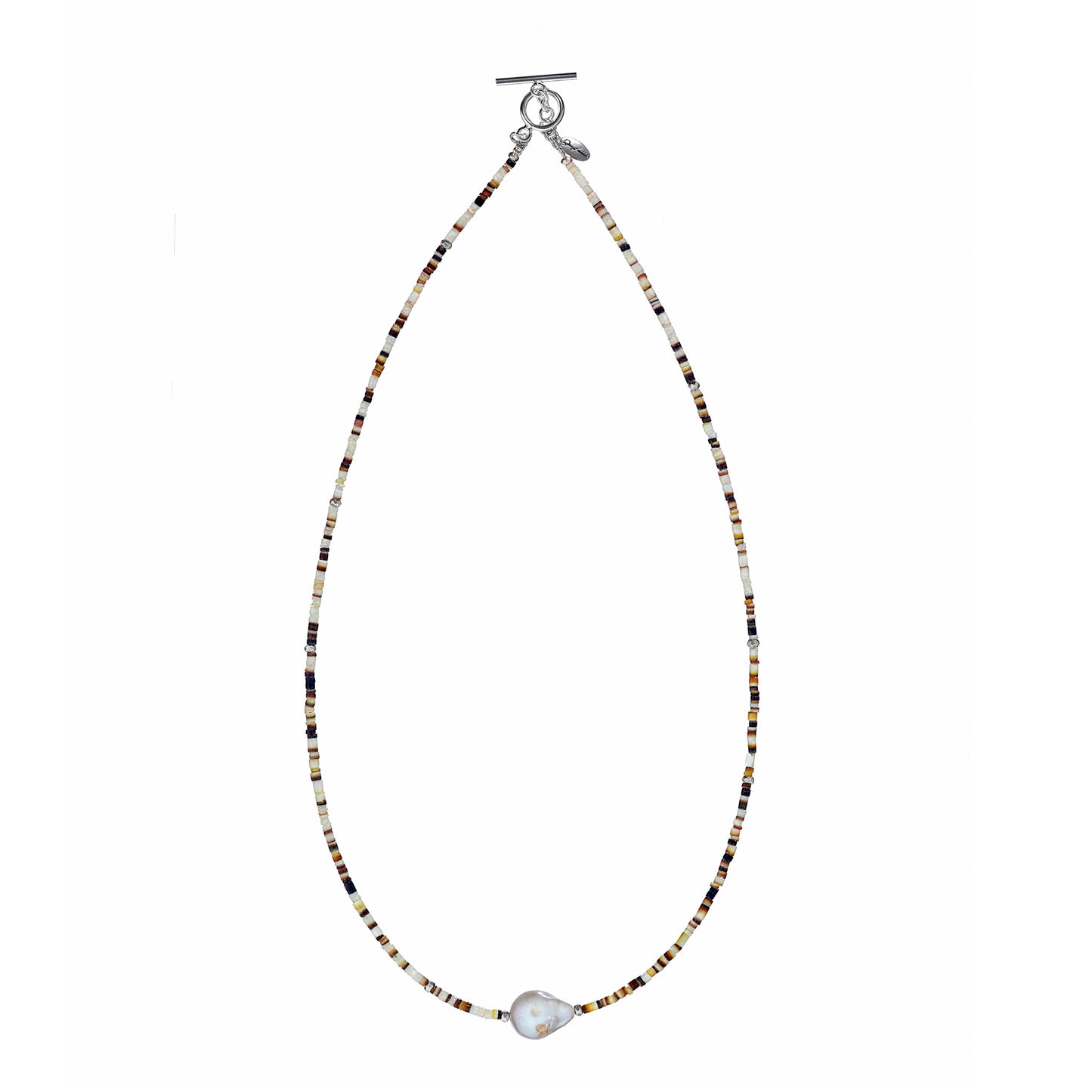 Full picture of the Shell Beaded Necklace with Freshwater Pearl Center and Sterling Silver Accents.