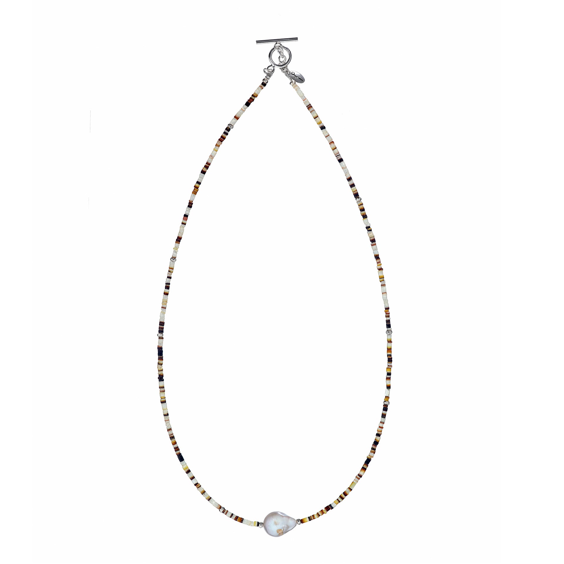 Full picture of the Shell Beaded Necklace with Freshwater Pearl Center and Sterling Silver Accents.