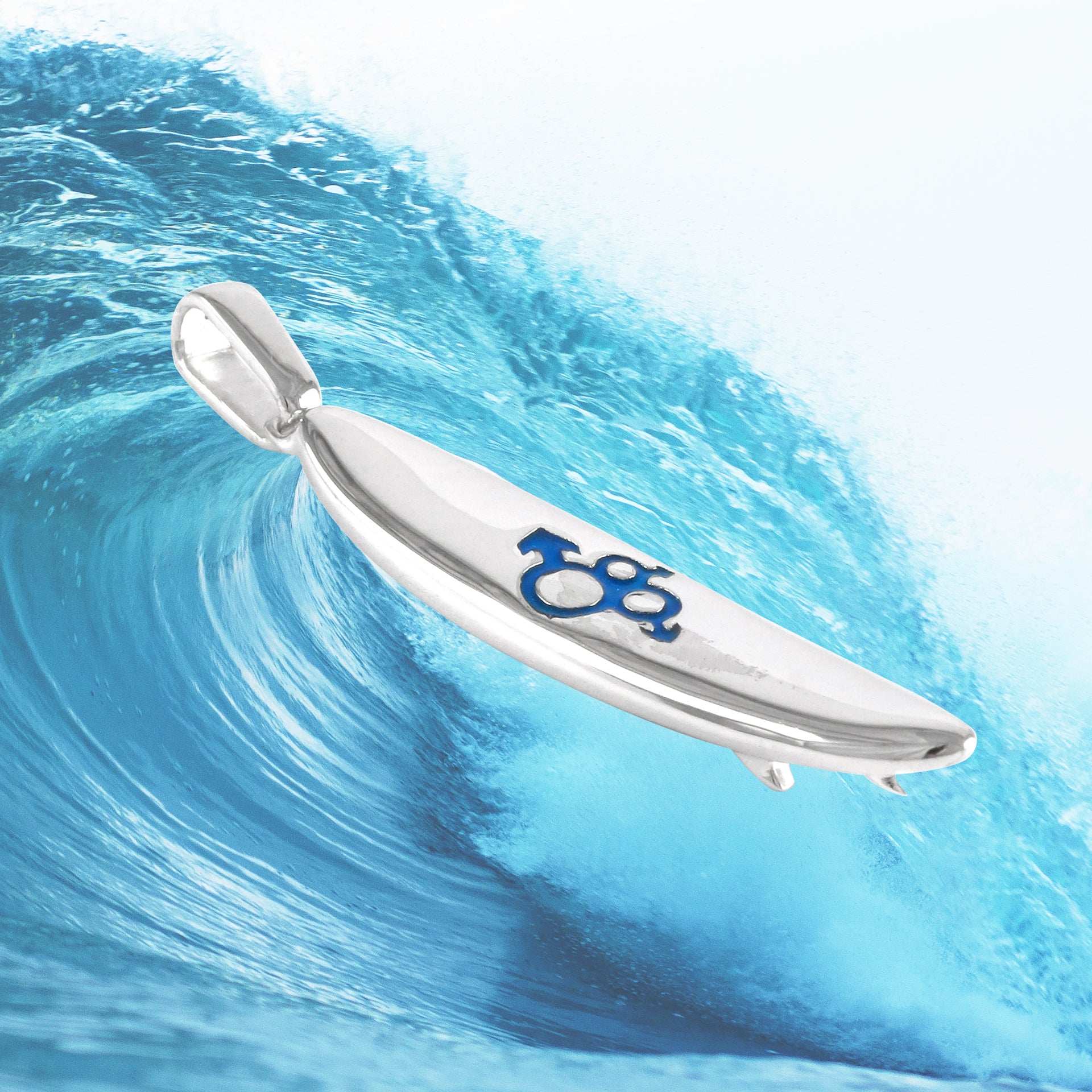 Hand-Painted Enamel Mars/Venus Surfboard Sterling Silver Pendant styled on a wave background.