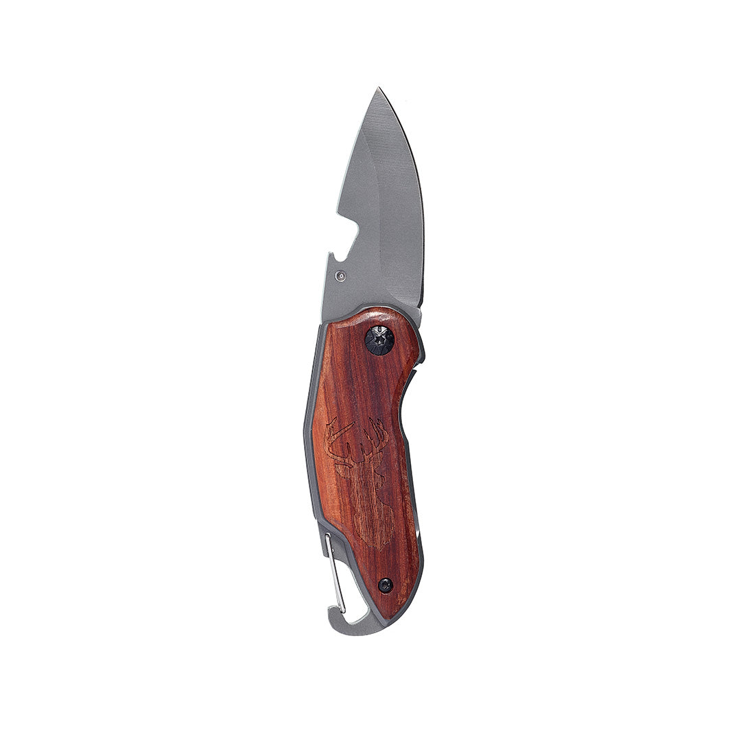 Folding Pocket Knife with Elk Etched Wood Handle- Jan Leslie. Stainless steel blade, elk engrave wood handle with bottle opener bottom.