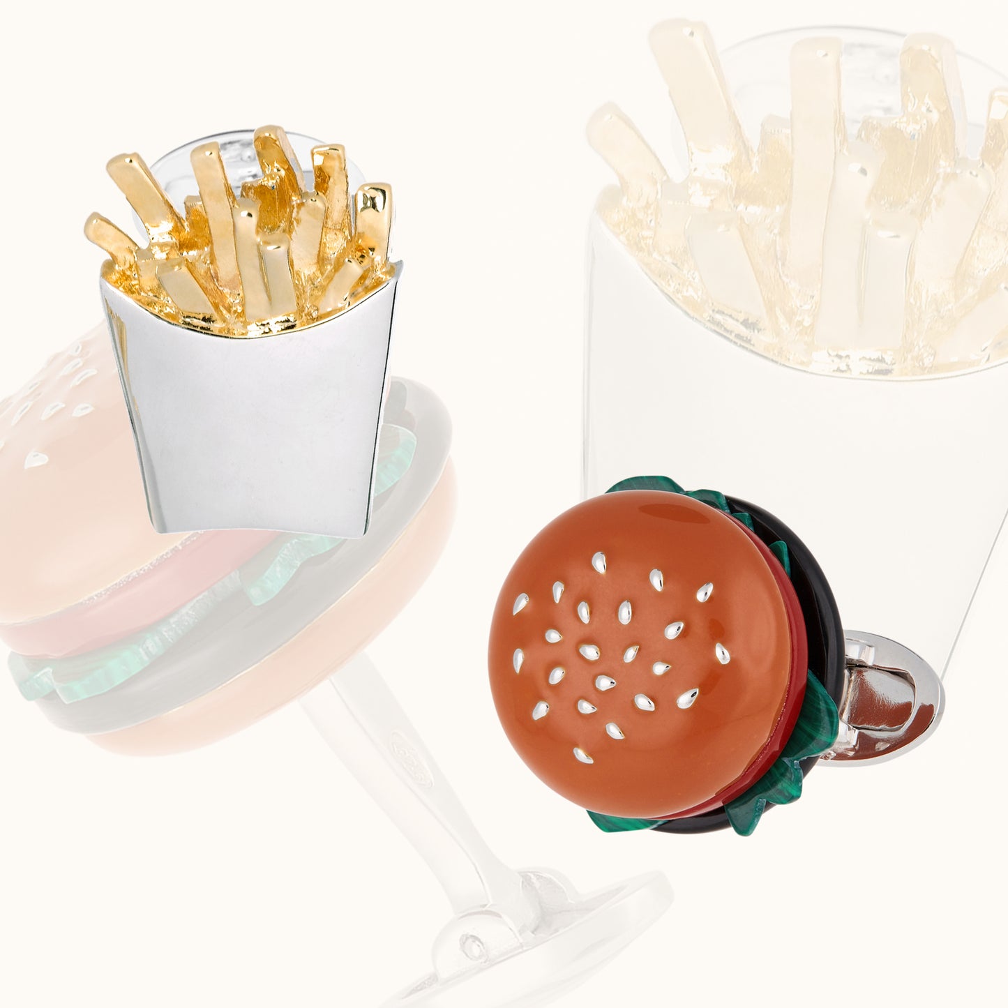Gemstone Hamburger and Gold Vermeil French Fries Sterling Silver Cufflinks on mirrored background.