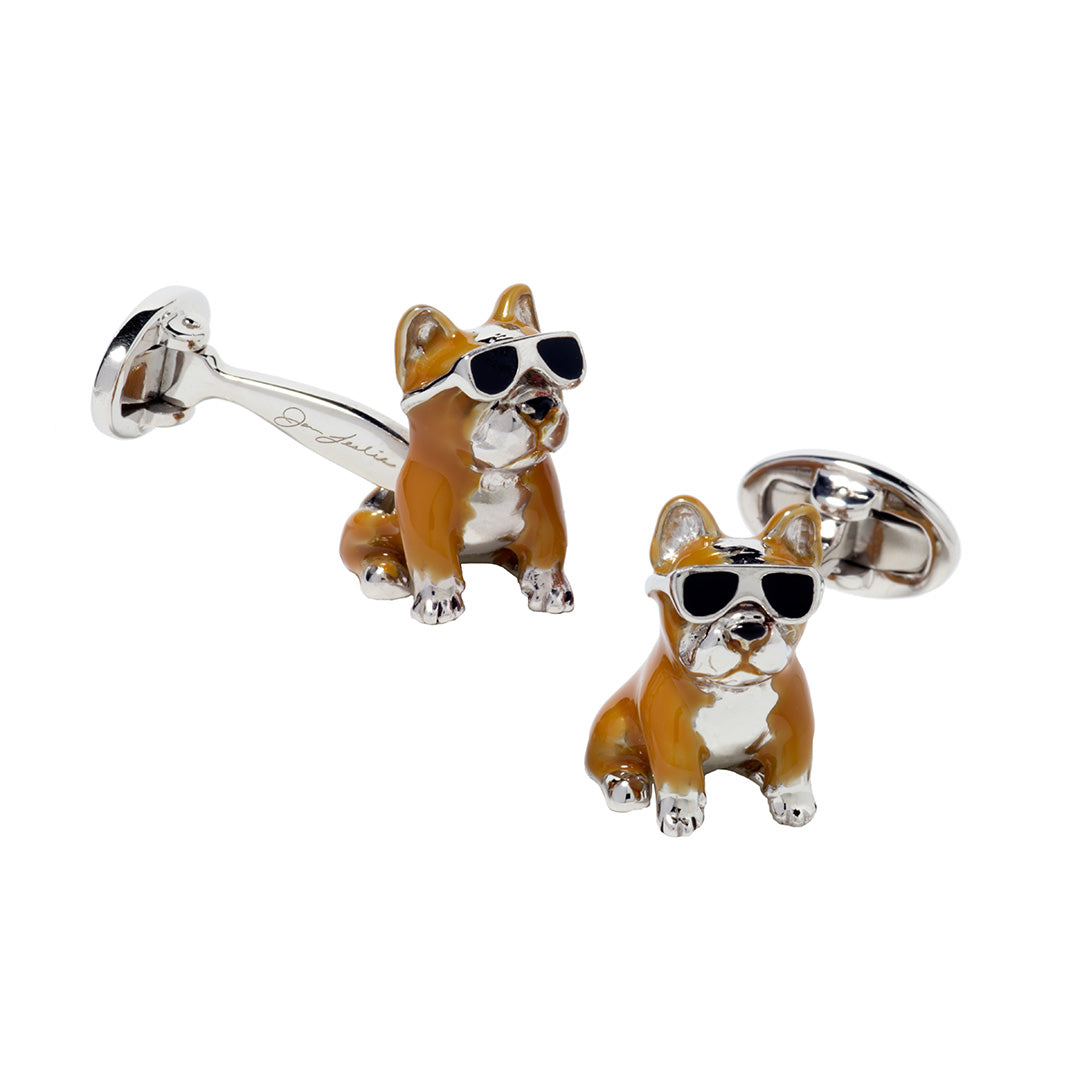 French Bulldog with Hand-painted Enamel & Sterling Silver Cufflinks in light brown with black glasses I Jan Leslie Cufflinks and Accessories. French Bulldogs are wearing silver glasses with black lenses.