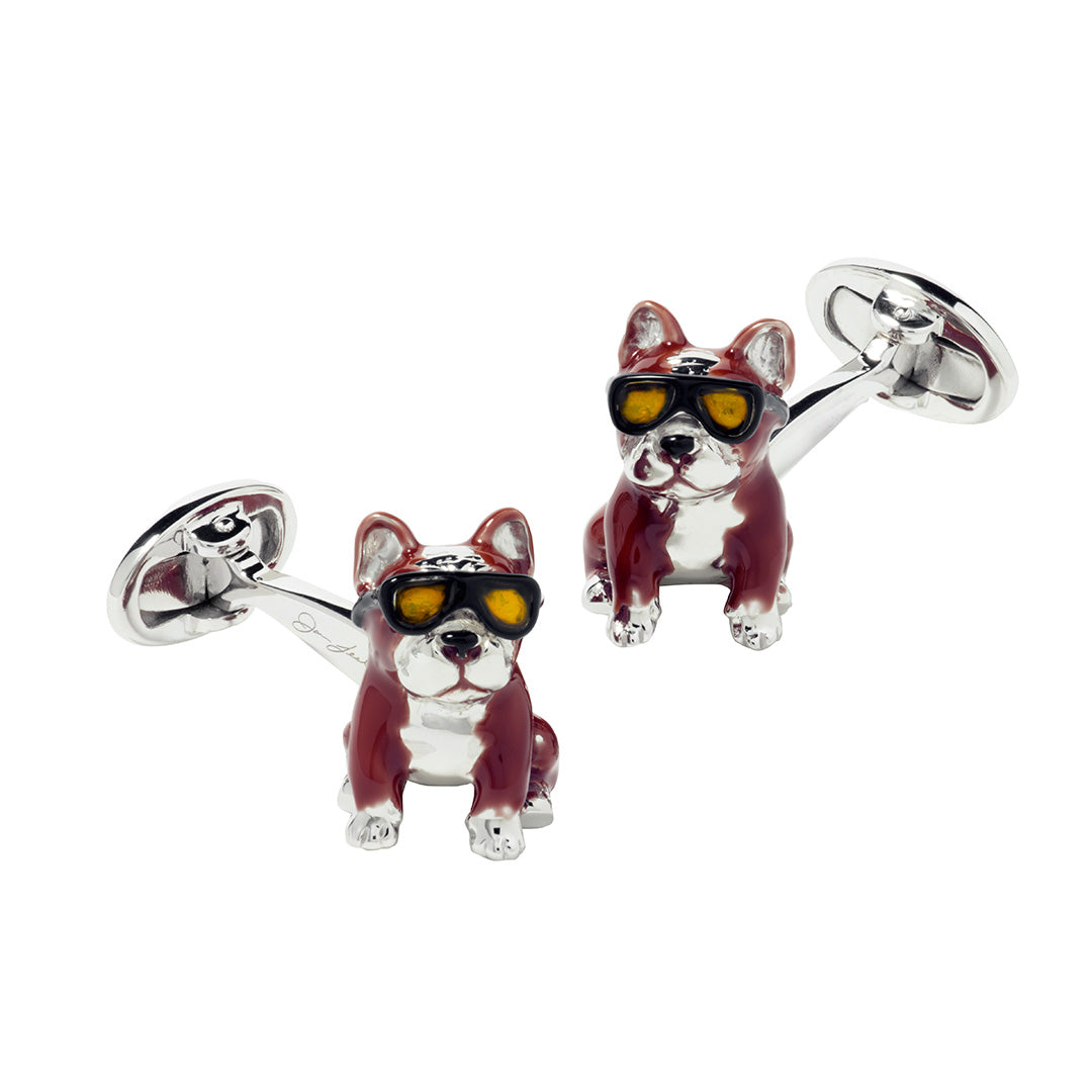 French Bulldog with Hand-painted Enamel & Sterling Silver Cufflinks in dark brown I Jan Leslie Cufflinks and Accessories. French Bulldogs are wearing black framed glasses with yellow lenses.
