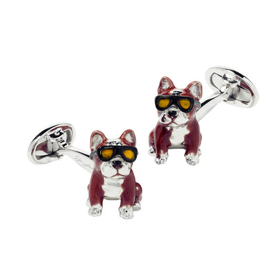 French Bulldog with Hand-painted Enamel & Sterling Silver Cufflinks in dark brown I Jan Leslie Cufflinks and Accessories. French Bulldogs are wearing black framed glasses with yellow lenses. 