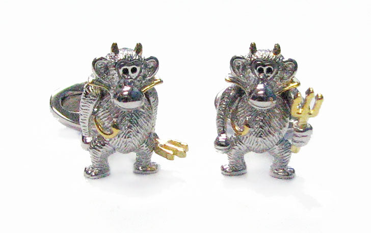 Sterling Silver Two-Tone Devil Monkey Cufflinks with Gold Vermeil Horns and Pitchfork | Jan Leslie