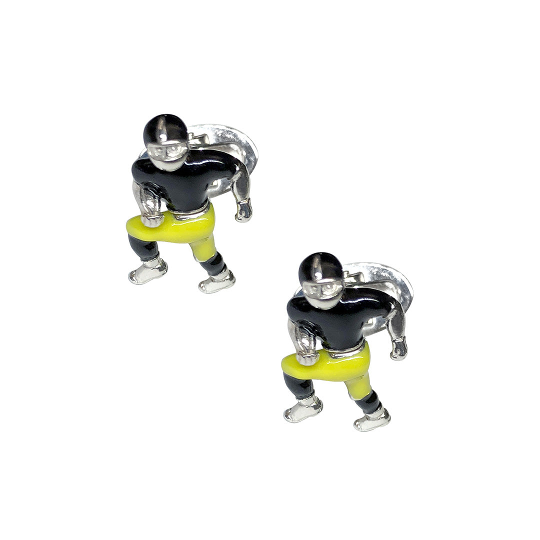Staggered pair of sterling silver three-dimensional American football lineman cufflinks with black enamel