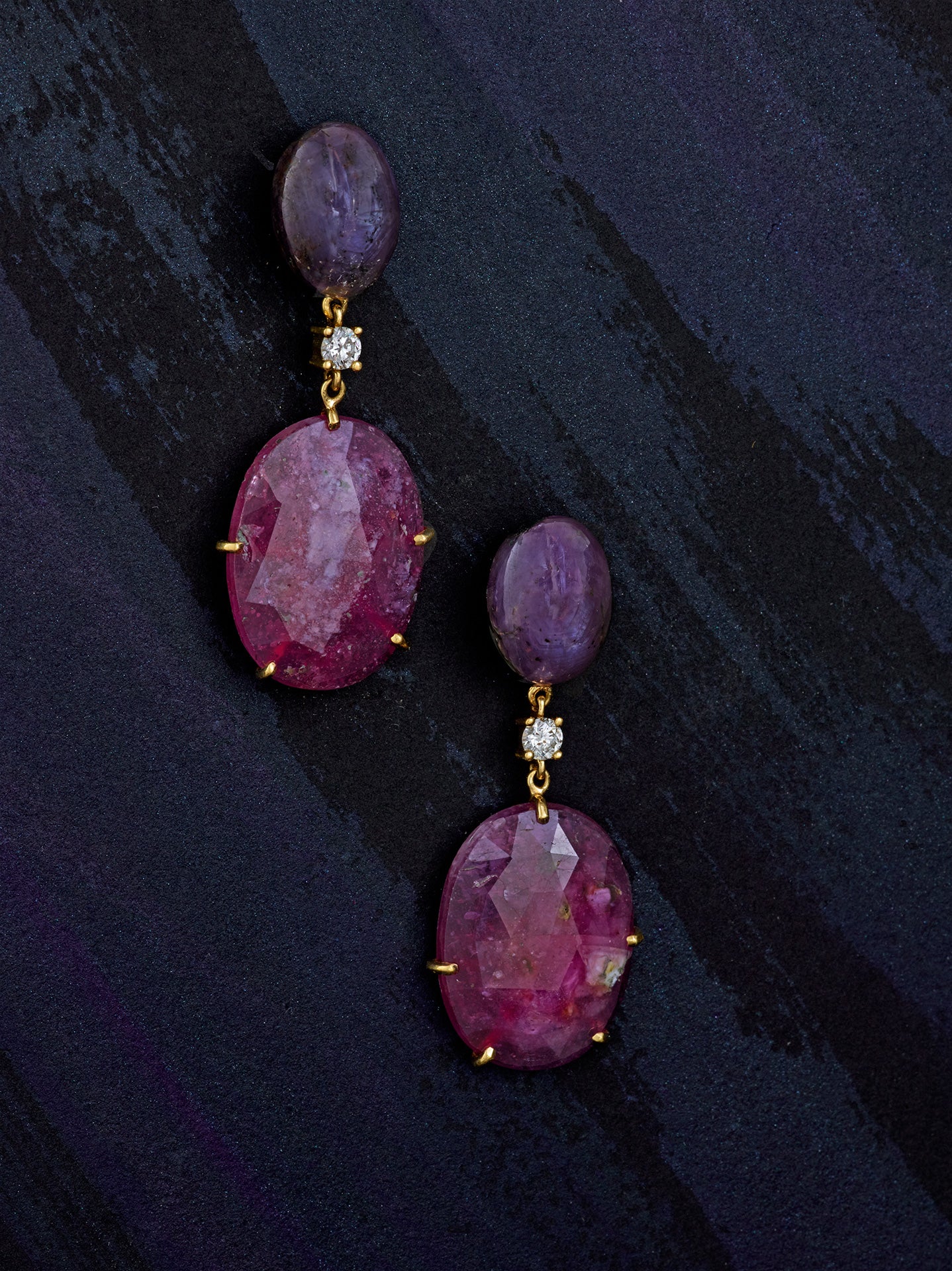Pink Sapphire, Purple Star of Sapphire & Diamond 18K Gold One of a Kind Gemstone Earrings