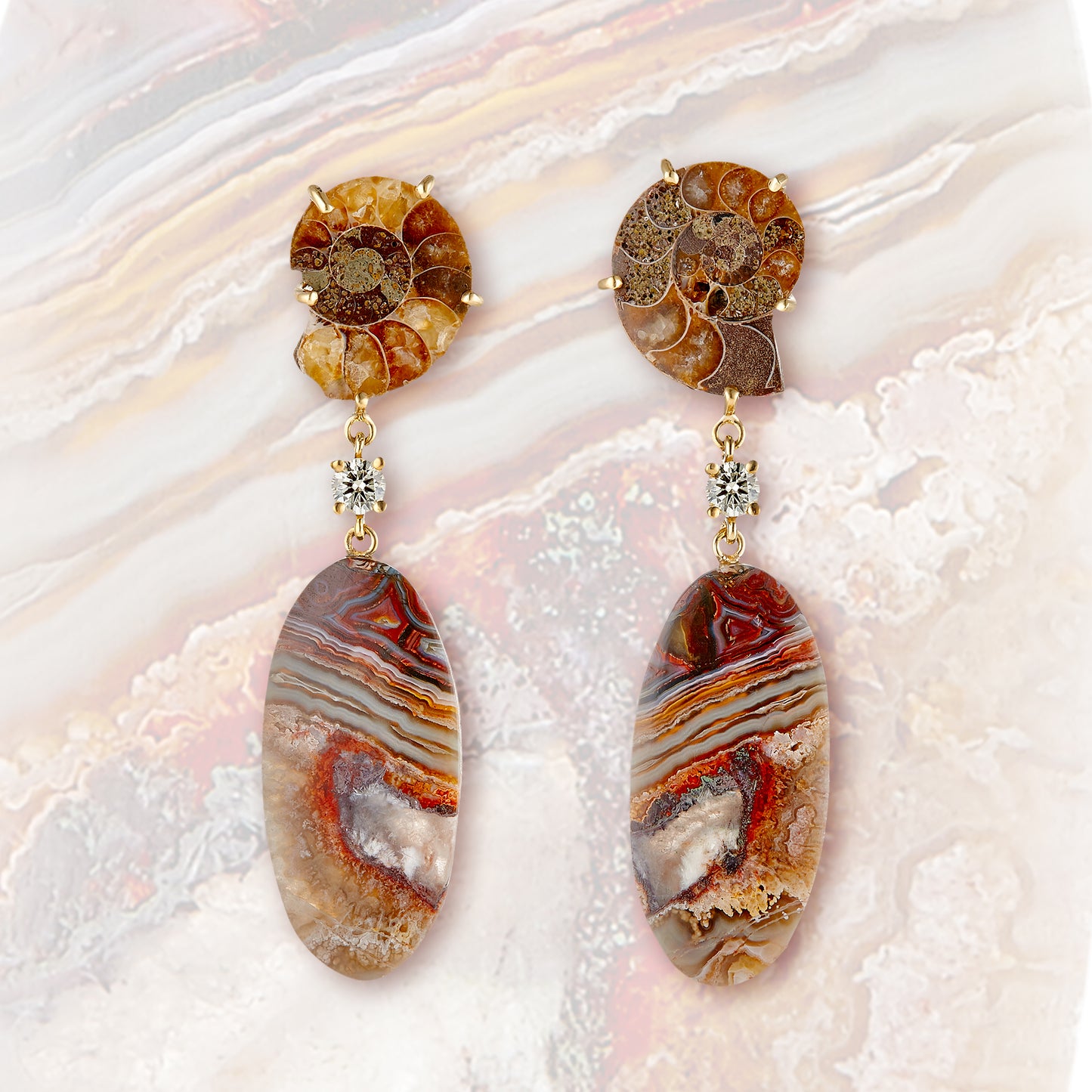 Atacama 18K Gold One of a Kind Gemstone Earrings on a crazy lace agate background.