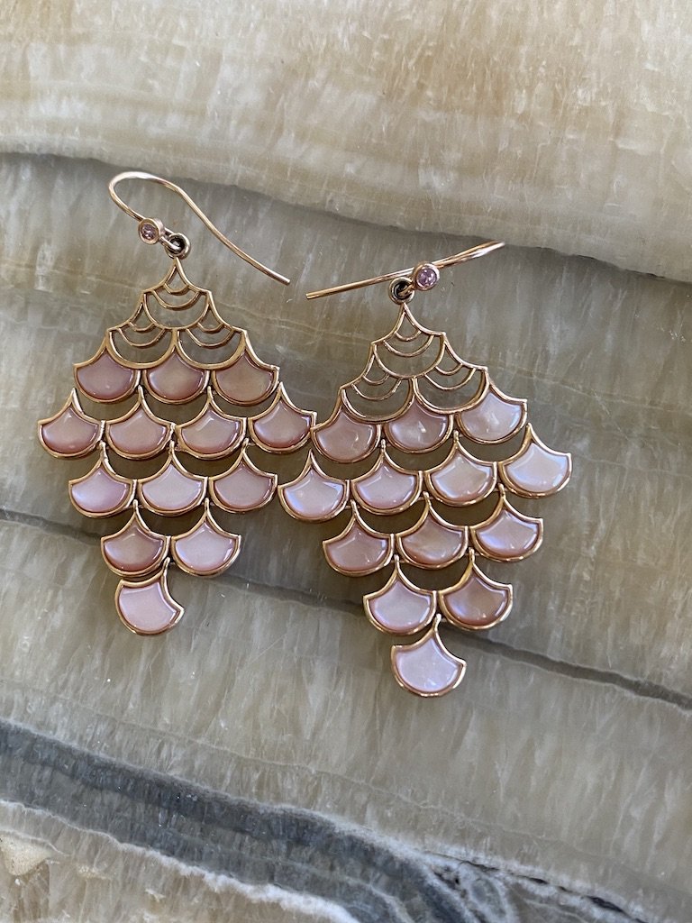 Koi Cascade Moving Mother of Pearl Show Stopper in rose gold pink with pink mother of pearl rose quartz on a shell background.