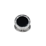 Men's black onyx round screw-motif silver cufflink, single view — Jan Leslie