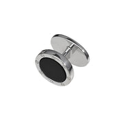 Men's black onyx oval screw-motif silver cufflink showing toggle back, angled view — Jan Leslie