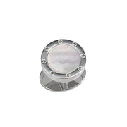 Men's white mother-of-pearl round screw-motif silver cufflink, single view — Jan Leslie