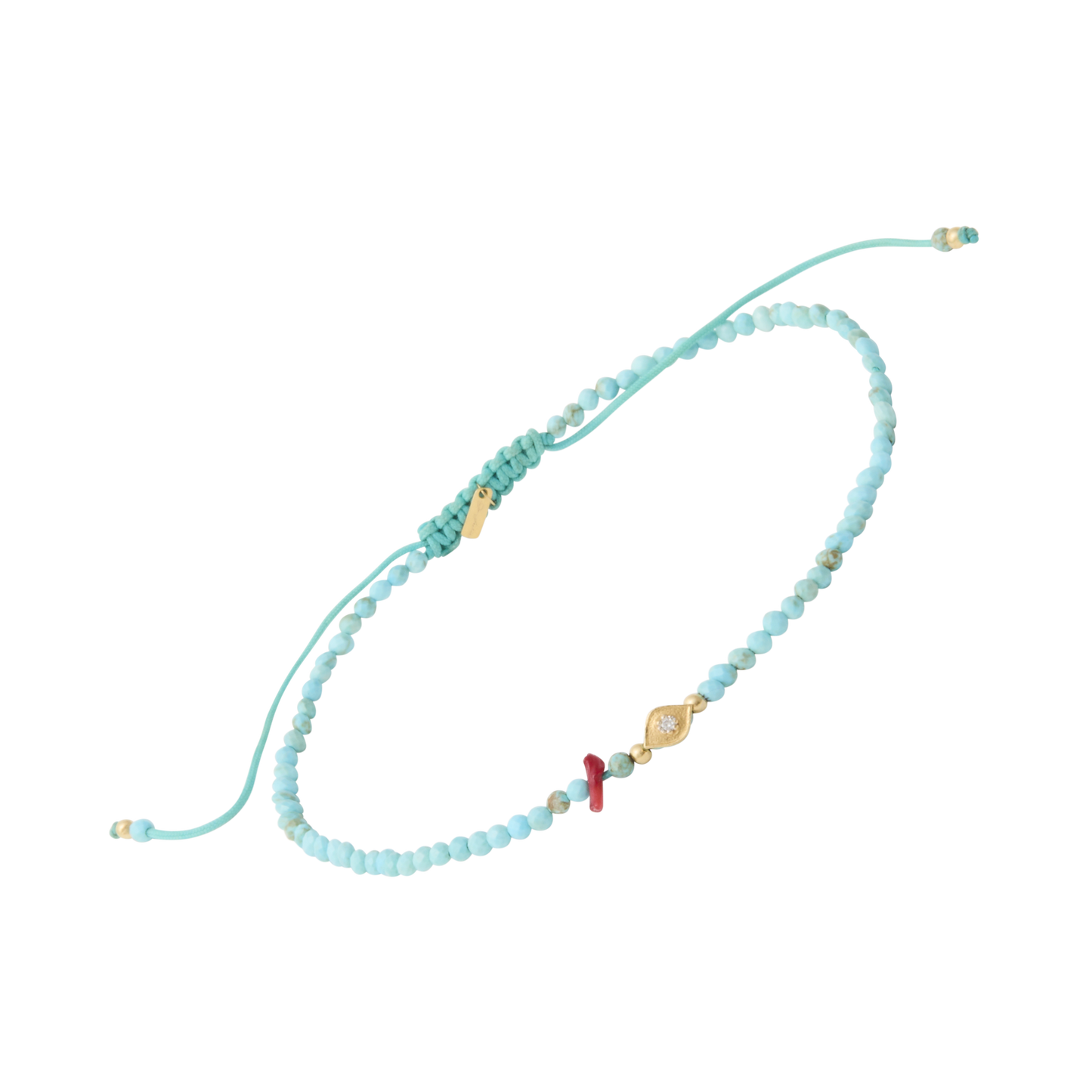 Handcrafted adjustable turquoise beaded bracelet featuring a gold evil eye charm
