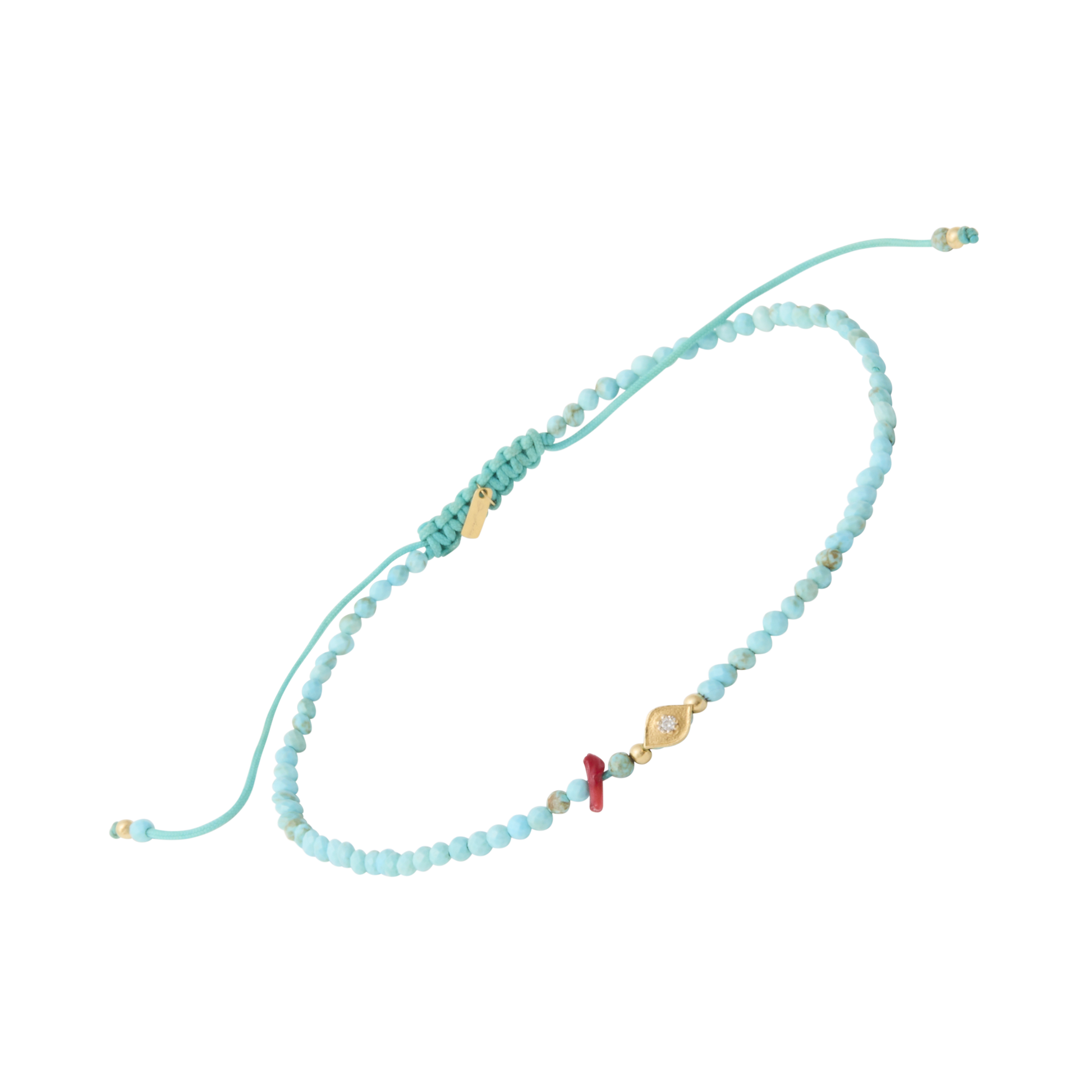 Handcrafted adjustable turquoise beaded bracelet featuring a gold evil eye charm