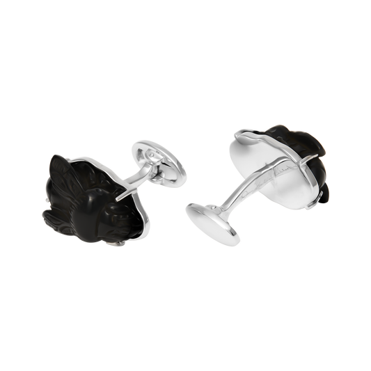 Hand-carved black onyx rabbit cufflinks with a sterling silver T-bar toggle closure 