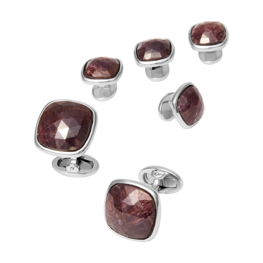 Faceted Ruby Sterling Cufflinks & Stud Set