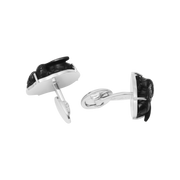 Hand-carved black onyx rabbit cufflinks with a sterling silver T-bar toggle closure 