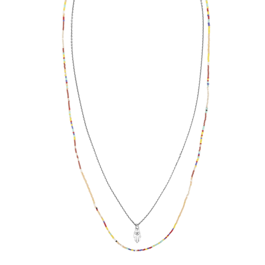 Hamsa on Multicolor Glass Bead Sterling Silver Chain Necklace I Jan Leslie