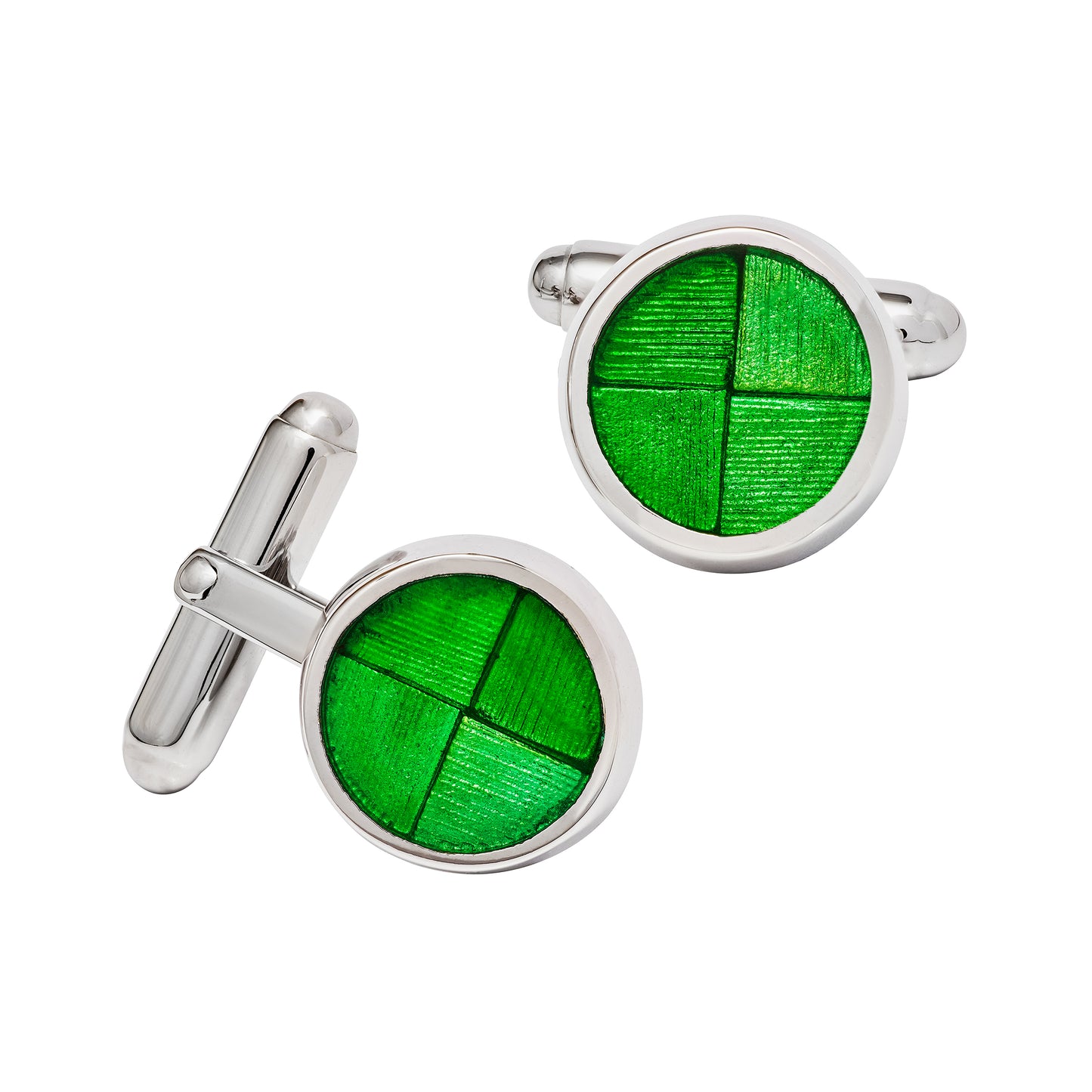Sterling silver round cufflinks with vivid green textured enamel four-quadrant cross pattern face and bullet-back closure pair by Jan Leslie