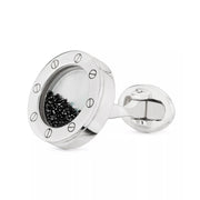 Sterling silver floating black diamond crystal porthole cufflinks pair showing screw-detail bezel and loose crystals settled in glass dome by Jan Leslie.