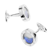Sterling silver floating sapphire cufflinks showing bullet-back closure and Jan Leslie engraving.