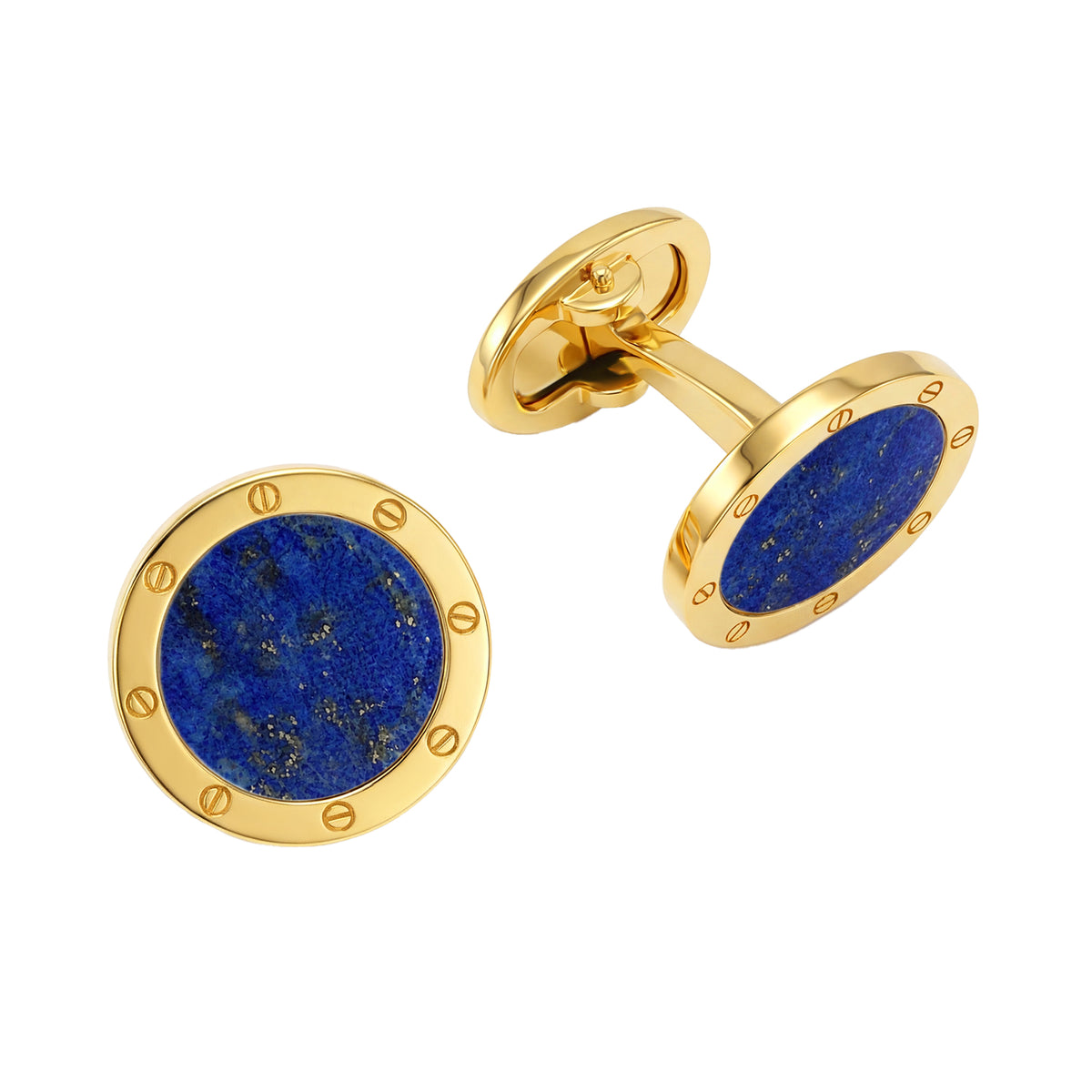 A pair of round cufflinks featuring deep blue lapis lazuli stone inlays and polished gold-tone metal frames