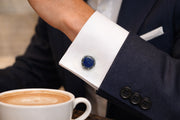 Round Lapis Lazuli Screw-Bezel Polished Sterling Silver Cufflinks on Model at Coffee Shop in Navy Suit - Jan Leslie Cufflinks and Accessories