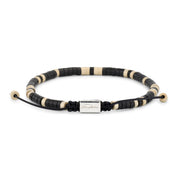 Black and natural bone heishi disc bead adjustable bracelet with engraved Jan Leslie sterling silver signature barrel.